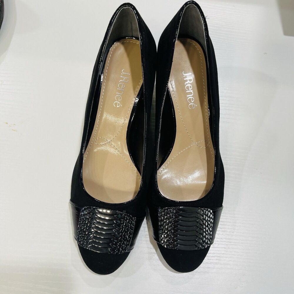 J. Renee Suede Exotic Buckle Pumps Career Academia 9.5 Black Block Heel Classy